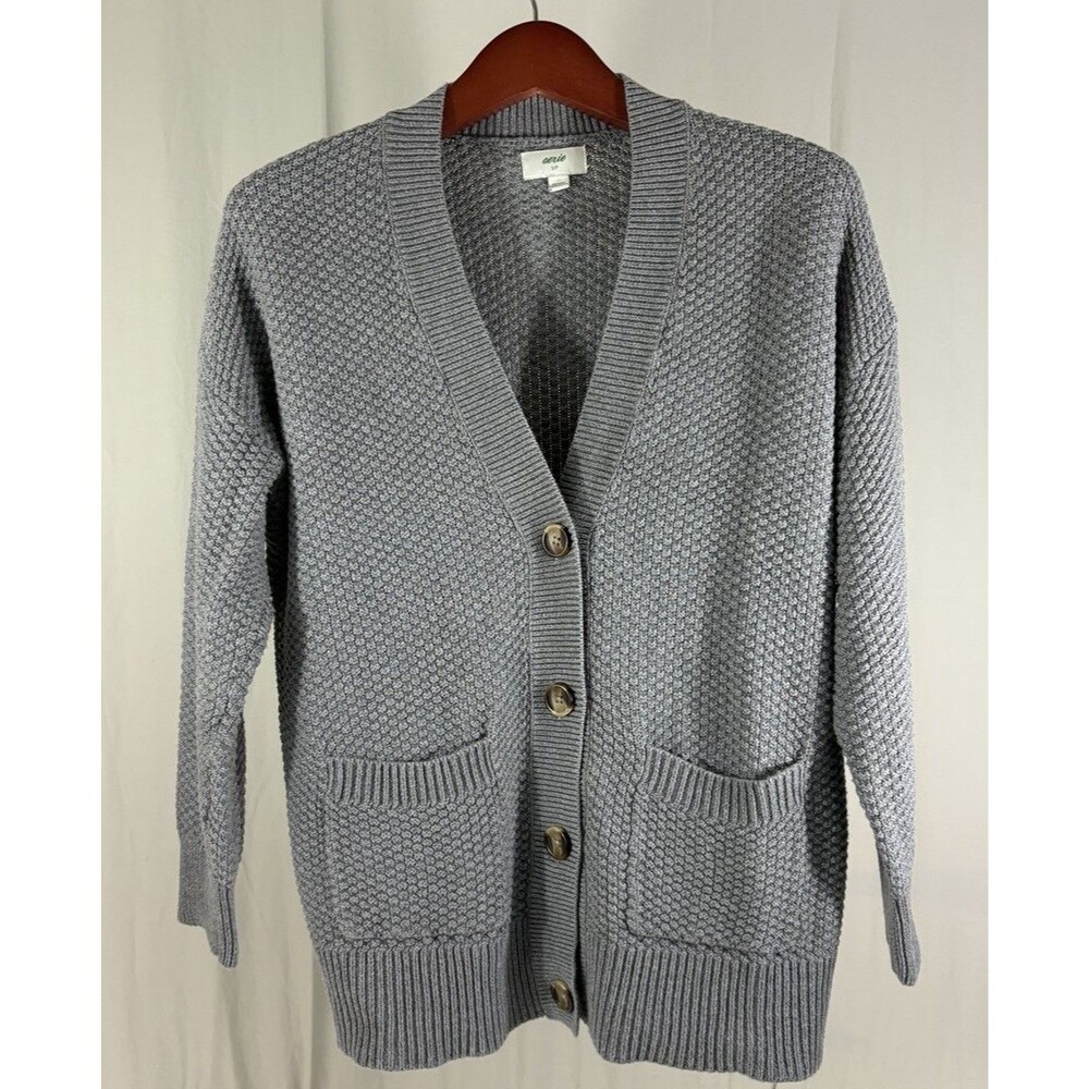 Aerie Long Gray Cotton Varsity Cardigan Sweater Women’s S Oversize Boyfriend